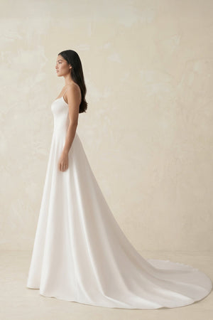Spaghetti Straps Satin A - Line Ruched Wedding Dress in White - KissProm Wedding Dresses