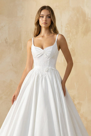 Spaghetti Straps Satin Ball Gown With Appliques in White - KissProm Wedding Dresses