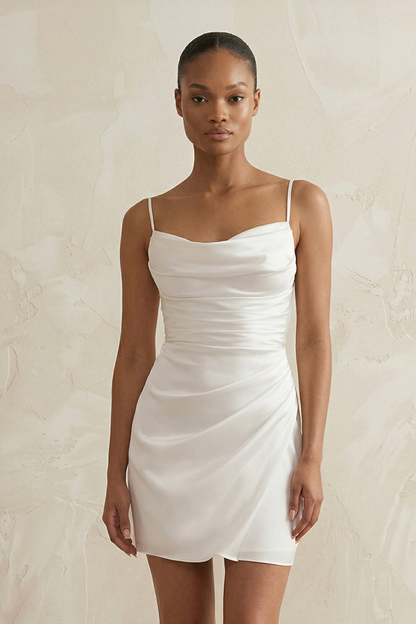 Spaghetti Straps Satin Ruched Wedding Dress in White - KissProm Wedding Dresses