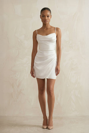 Spaghetti Straps Satin Ruched Wedding Dress in White - KissProm Wedding Dresses