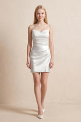 Spaghetti Straps Satin Ruched Wedding Dress in White - KissProm