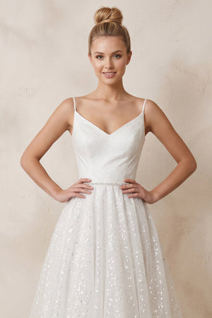 Spaghetti Straps Sequined A - Line Ruched Wedding Dress in White - KissProm Wedding Dresses