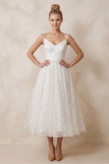 Shiny A-Line V-Neck Sleeveless Little White Sequined Wedding Dresses – Wedding Dresses by KissProm | Available at KissProm