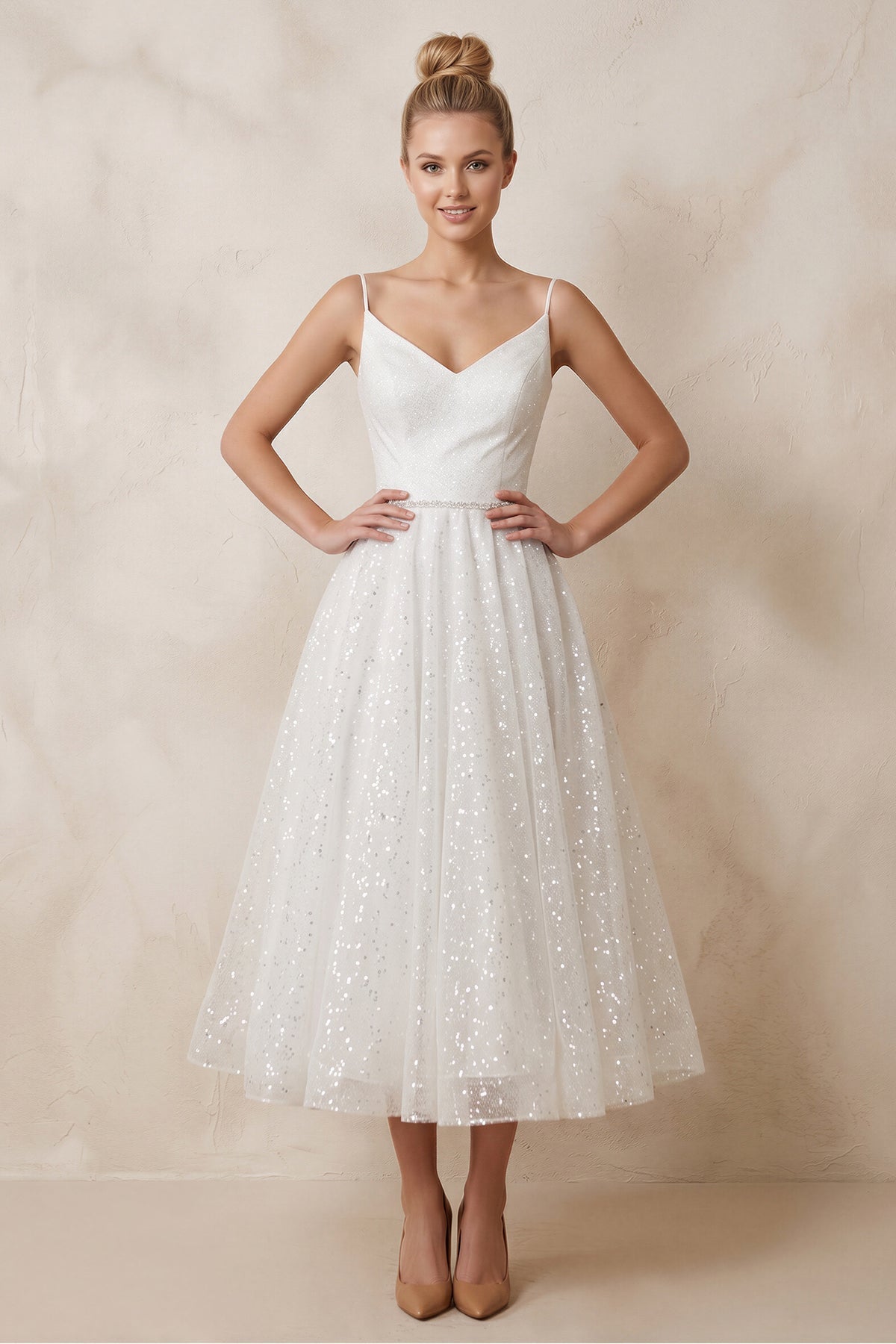 white formal cocktail dress KissProm Shiny A-Line V-Neck Sleeveless Little Sequined Wedding Dresses, Diamond White / Custom size Antique Floral Cotton Lawn shoulder neckline and cross drop:s26_february_03.02_roupas Women's size:Custom size