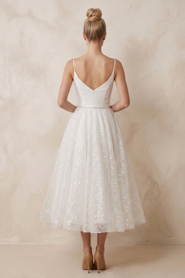 Spaghetti Straps Sequined A - Line Ruched Wedding Dress in White - KissProm Wedding Dresses