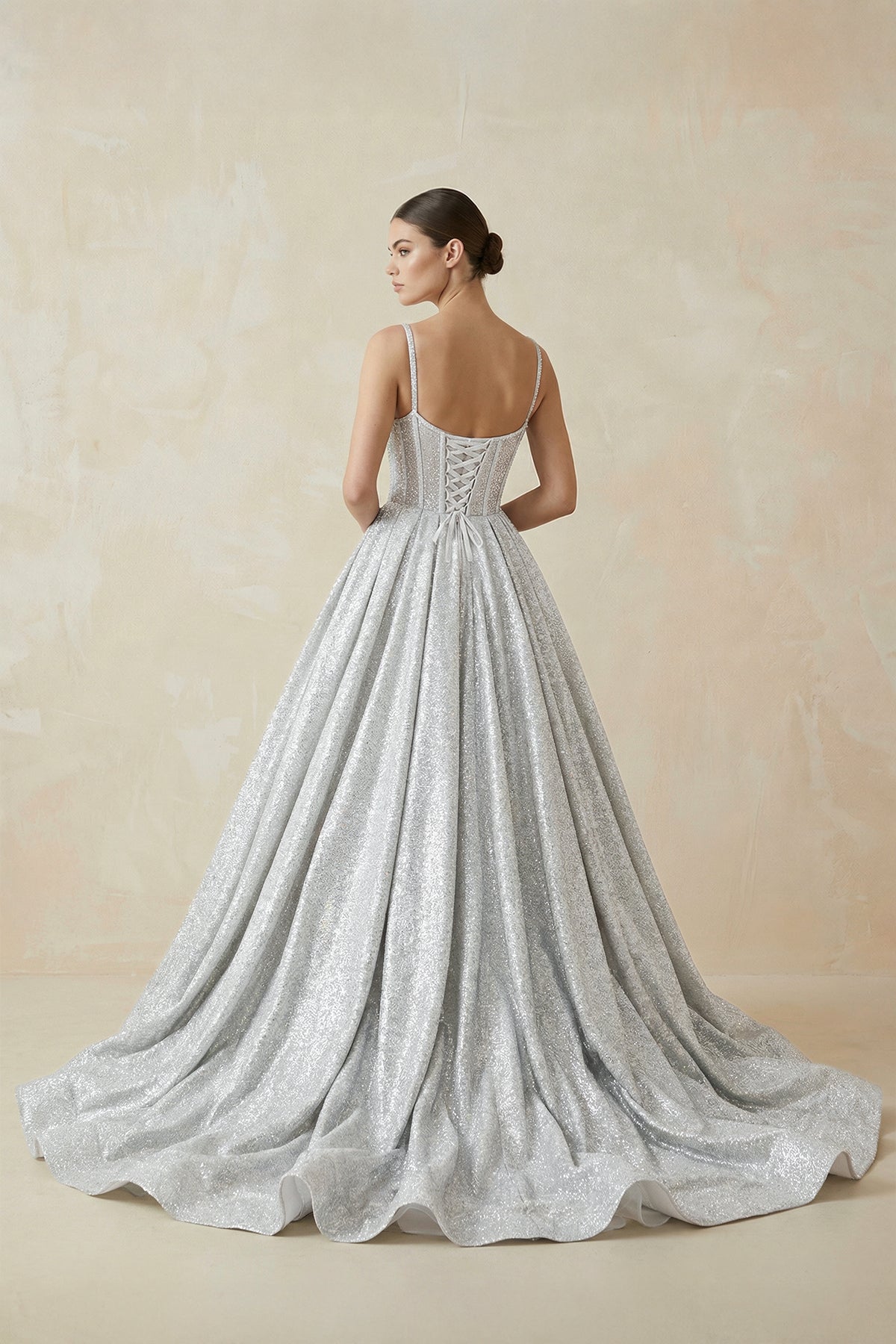 KissProm Spaghetti Straps Sequins A-line Sparkly Wedding Dress Bridal Gown, Diamond White / 14