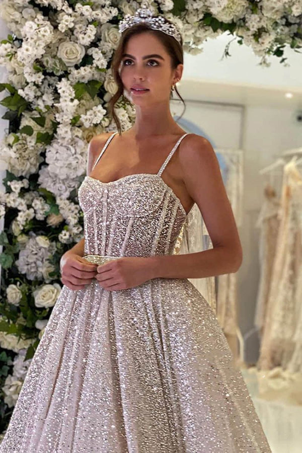 Liva | Spaghetti Straps Sequins A-line Sparkly Wedding Dress Bridal Gown