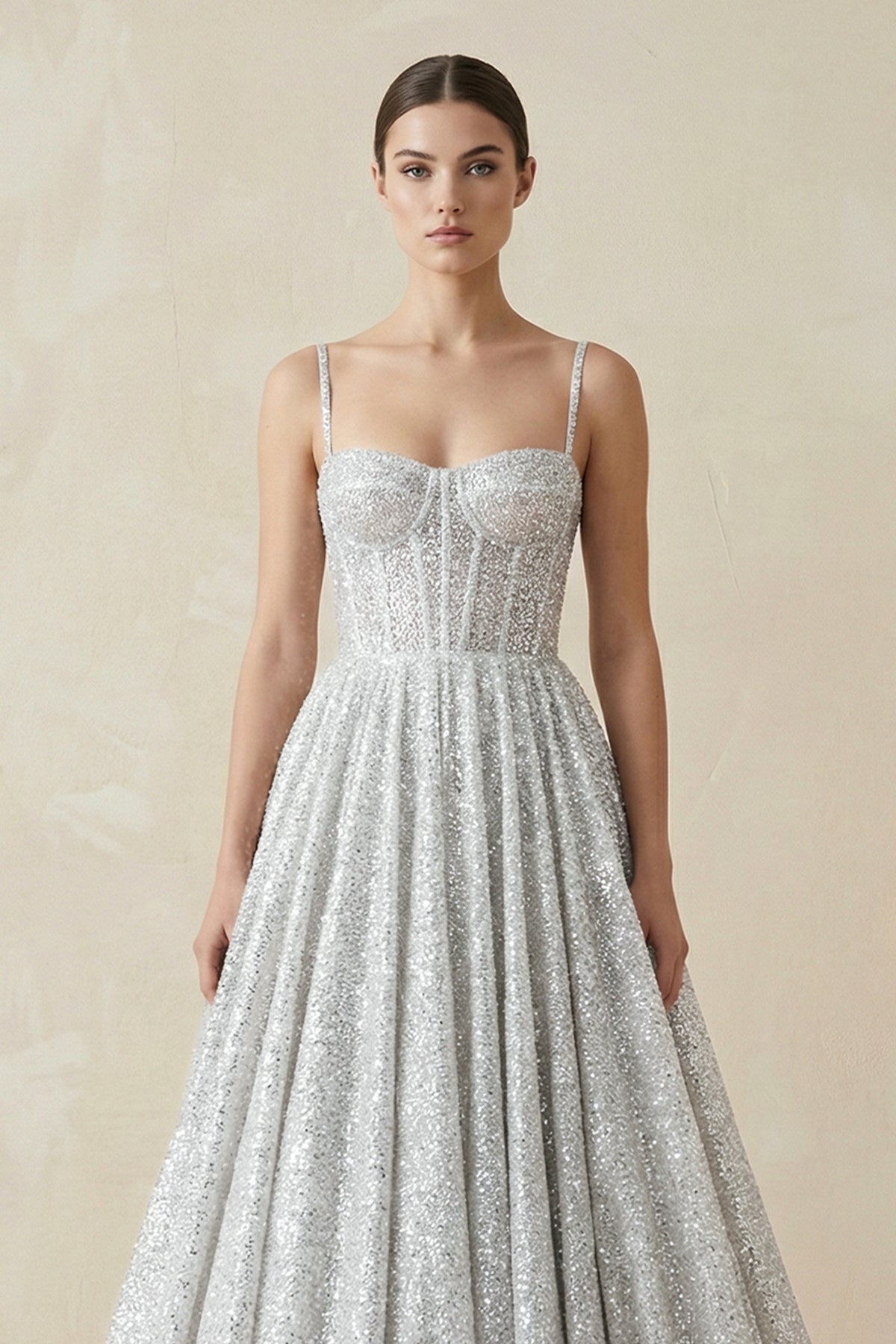 KissProm Spaghetti Straps Sequins A-line Sparkly Wedding Dress Bridal Gown, Diamond White / 14