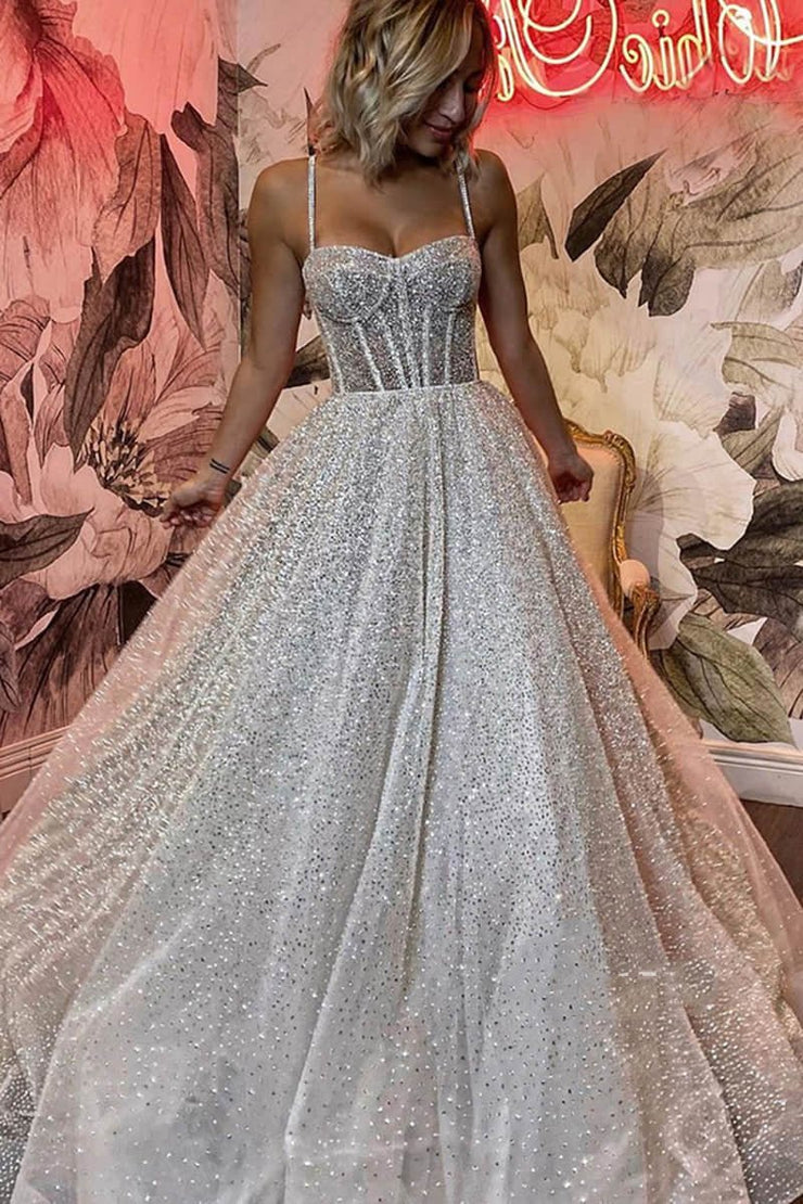 Sparkly Spaghetti Straps Green V NecK Sequin Evening Dress Long Wedding Guest Dress