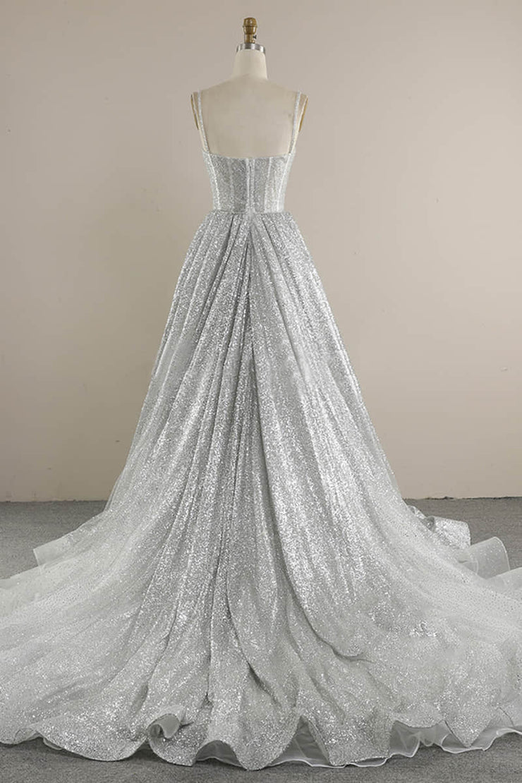Elegant Spaghetti Strap A-Line Wedding Dress with Sequins and Lace main image 1