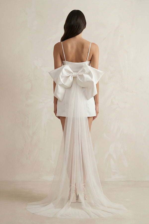 Spaghetti Straps Sheath Bow Wedding Dress With Tulle Train in White - KissProm Wedding Dresses