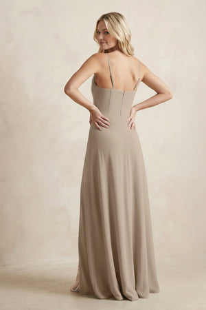 Spaghetti Straps Sheath Satin Bridesmaid Dress With Slit in Almond - KissProm Bridesmaid Dresses