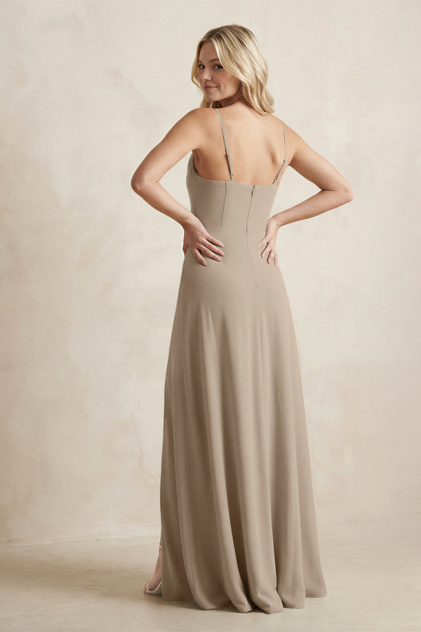 Spaghetti Straps Sheath Satin Bridesmaid Dress With Slit in Almond - KissProm Bridesmaid Dresses