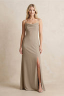 Spaghetti Straps Sheath Satin Bridesmaid Dress With Slit in Almond - KissProm Bridesmaid Dresses