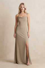 Spaghetti Straps Sheath Satin Bridesmaid Dress With Slit in Almond - KissProm Bridesmaid Dresses