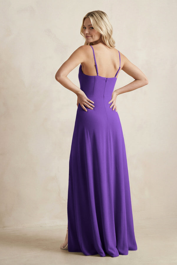 Spaghetti Straps Sheath Satin Bridesmaid Dress With Slit in Amethyst - KissProm Bridesmaid Dresses
