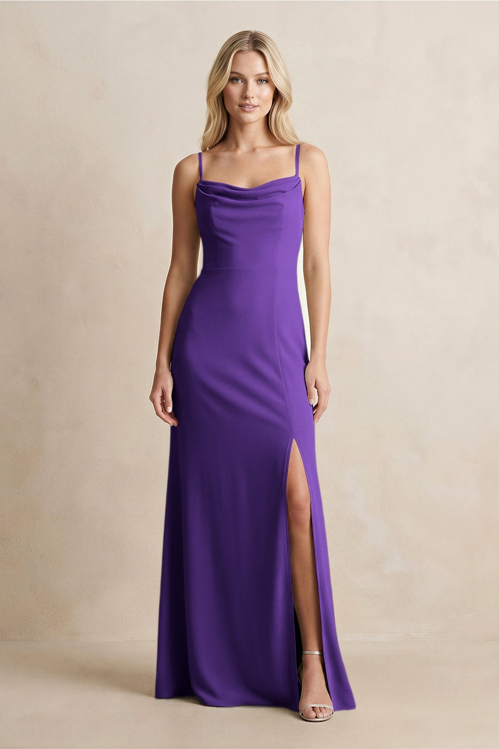 Spaghetti Straps Sheath Satin Bridesmaid Dress With Slit in Amethyst - KissProm Bridesmaid Dresses