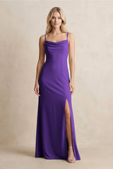 Spaghetti Straps Sheath Satin Bridesmaid Dress With Slit in Amethyst - KissProm Bridesmaid Dresses