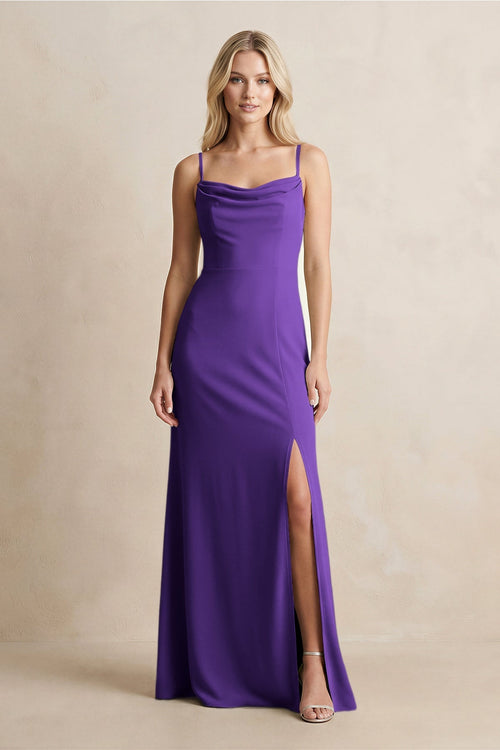 Spaghetti Straps Sheath Satin Bridesmaid Dress With Slit in Amethyst - KissProm Bridesmaid Dresses