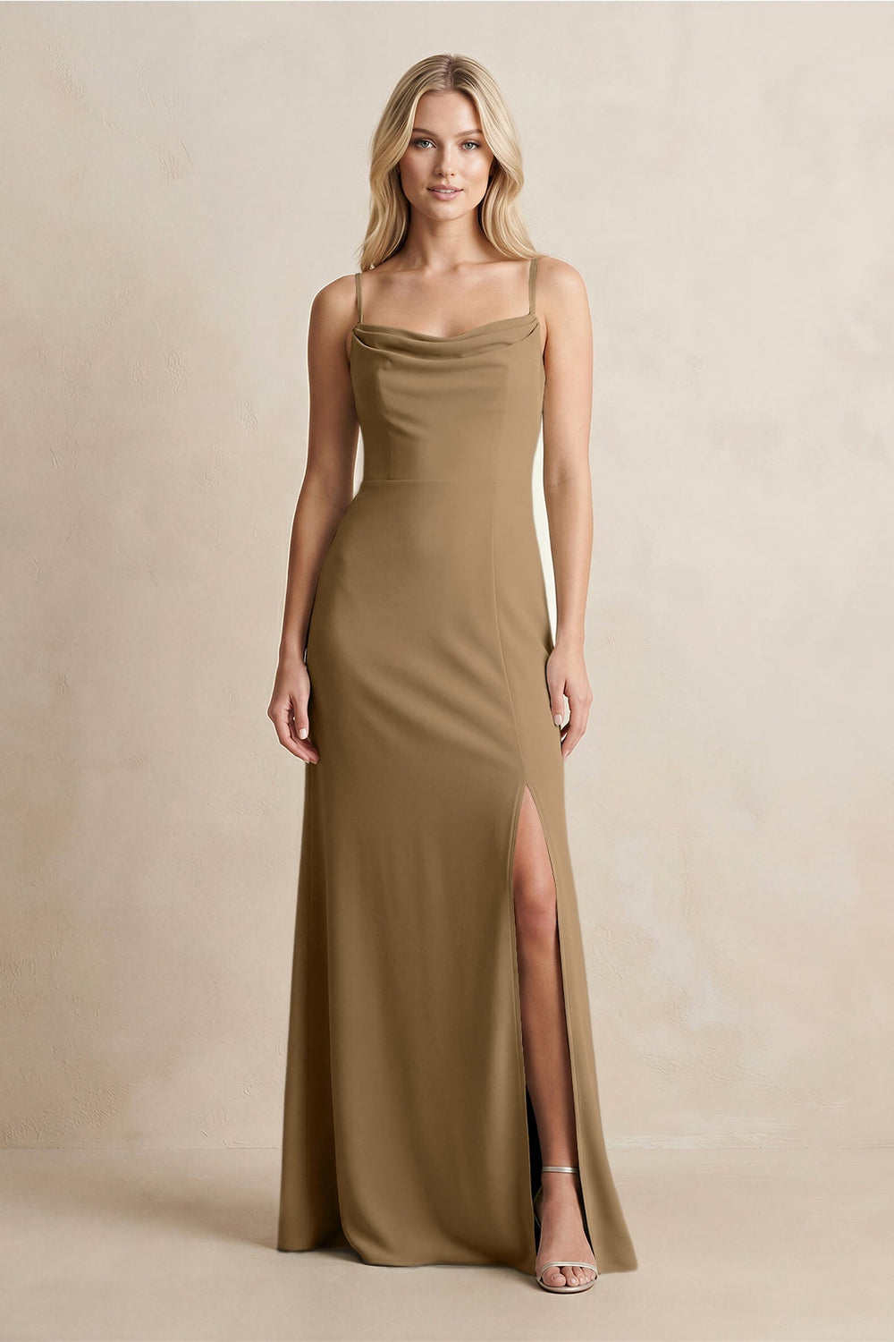 Spaghetti Straps Sheath Satin Bridesmaid Dress With Slit in Apple Cinnamon - KissProm Bridesmaid Dresses