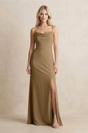 Spaghetti Straps Sheath Satin Bridesmaid Dress With Slit in Apple Cinnamon - KissProm Bridesmaid Dresses