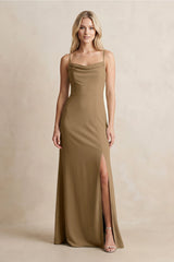 Spaghetti Straps Sheath Satin Bridesmaid Dress With Slit in Apple Cinnamon - KissProm Bridesmaid Dresses