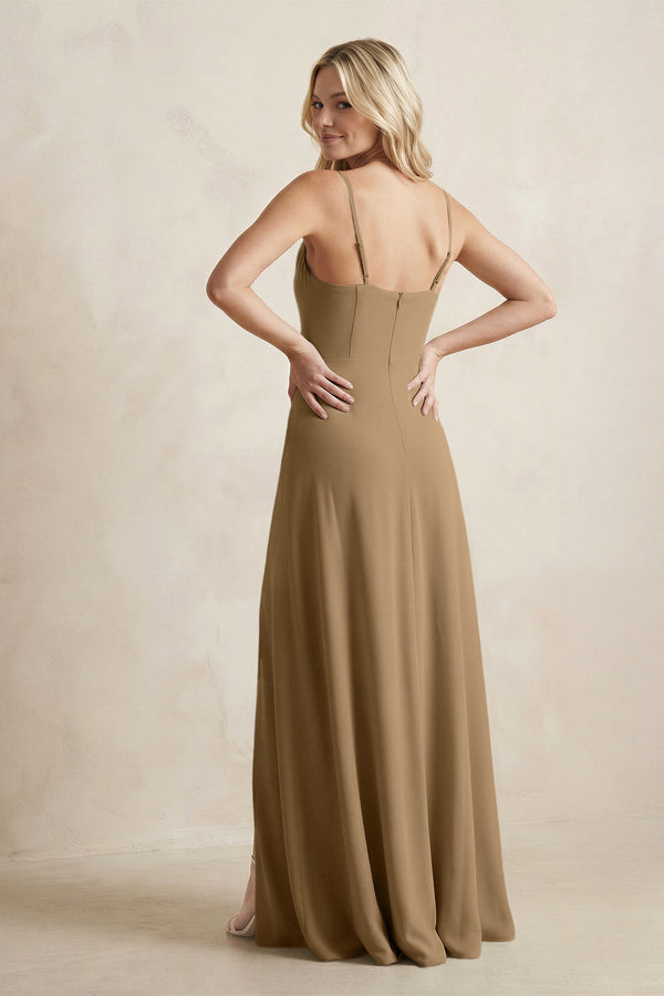 Spaghetti Straps Sheath Satin Bridesmaid Dress With Slit in Apple Cinnamon - KissProm Bridesmaid Dresses