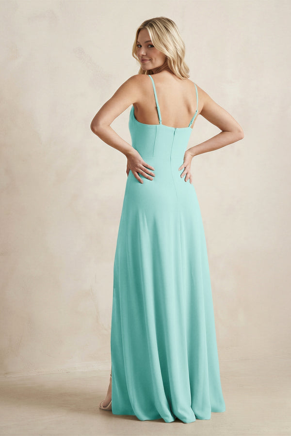 Spaghetti Straps Sheath Satin Bridesmaid Dress With Slit in Aqua - KissProm Bridesmaid Dresses