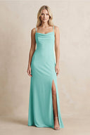 Spaghetti Straps Sheath Satin Bridesmaid Dress With Slit in Aqua - KissProm Bridesmaid Dresses
