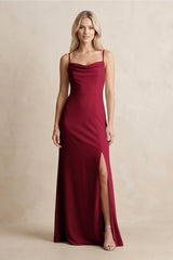 Spaghetti Straps Sheath Satin Bridesmaid Dress With Slit in Berry - KissProm Bridesmaid Dresses