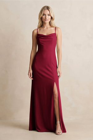 Spaghetti Straps Sheath Satin Bridesmaid Dress With Slit in Berry - KissProm Bridesmaid Dresses