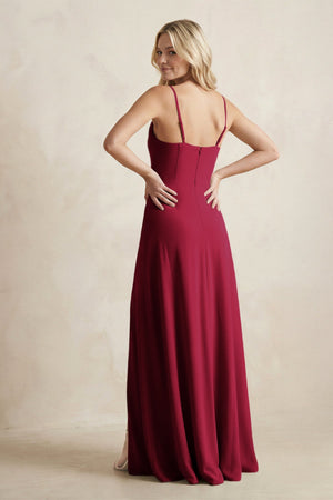 Spaghetti Straps Sheath Satin Bridesmaid Dress With Slit in Berry - KissProm Bridesmaid Dresses