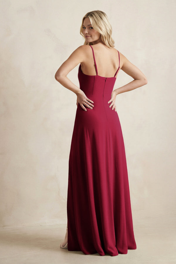 Spaghetti Straps Sheath Satin Bridesmaid Dress With Slit in Berry - KissProm Bridesmaid Dresses