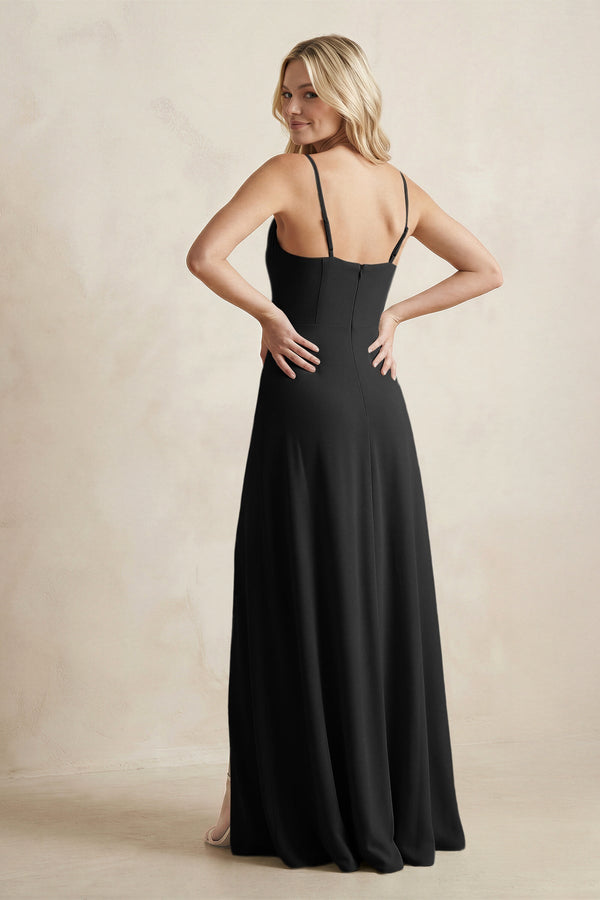 Spaghetti Straps Sheath Satin Bridesmaid Dress With Slit in Black - KissProm Bridesmaid Dresses