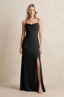 Spaghetti Straps Sheath Satin Bridesmaid Dress With Slit in Black - KissProm Bridesmaid Dresses