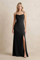 Spaghetti Straps Sheath Satin Bridesmaid Dress With Slit in Black - KissProm Bridesmaid Dresses