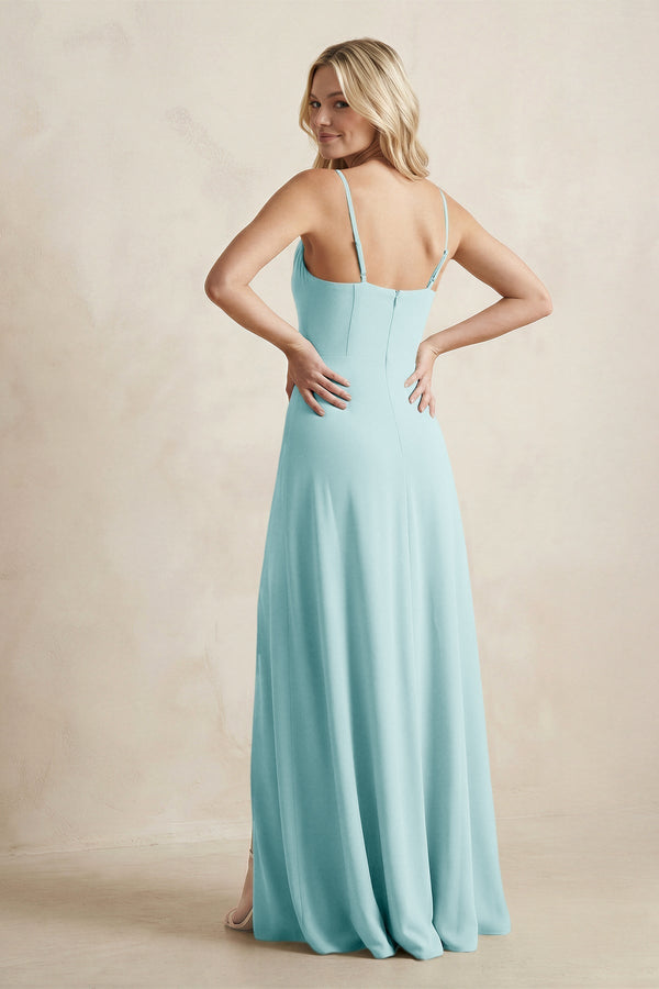Spaghetti Straps Sheath Satin Bridesmaid Dress With Slit in Bleached Aqua - KissProm Bridesmaid Dresses