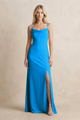 Spaghetti Straps Sheath Satin Bridesmaid Dress With Slit in Blue Jay - KissProm Bridesmaid Dresses
