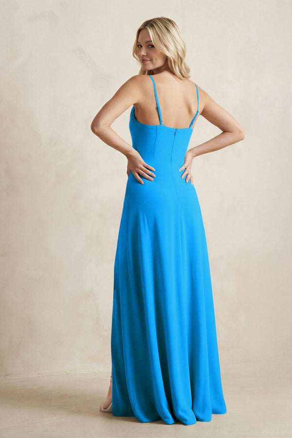 Spaghetti Straps Sheath Satin Bridesmaid Dress With Slit in Blue Jay - KissProm Bridesmaid Dresses