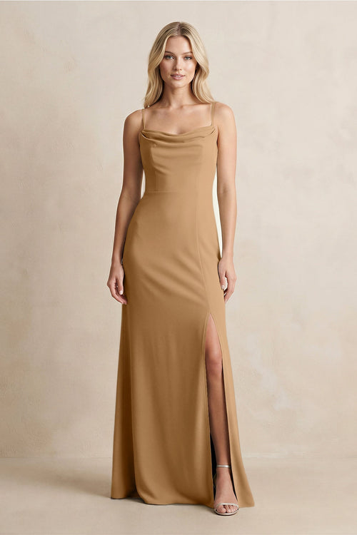 Spaghetti Straps Sheath Satin Bridesmaid Dress With Slit in Bronzer - KissProm Bridesmaid Dresses