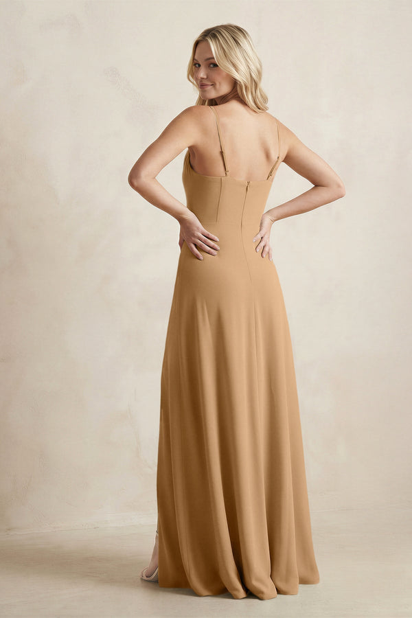 Spaghetti Straps Sheath Satin Bridesmaid Dress With Slit in Bronzer - KissProm Bridesmaid Dresses