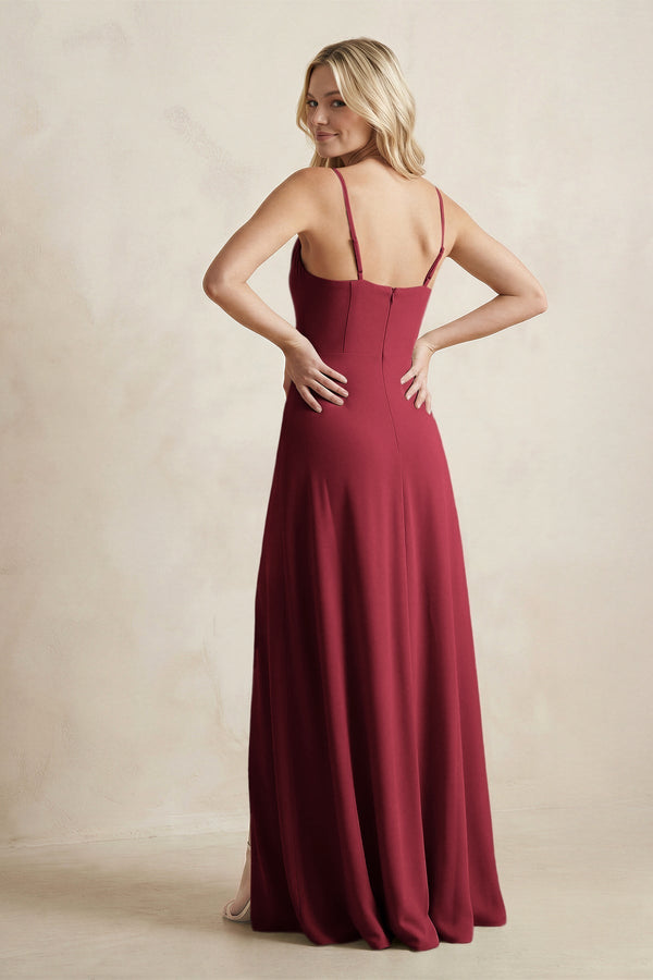 Spaghetti Straps Sheath Satin Bridesmaid Dress With Slit in Burgundy - KissProm Bridesmaid Dresses