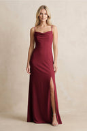 Spaghetti Straps Sheath Satin Bridesmaid Dress With Slit in Burgundy - KissProm Bridesmaid Dresses