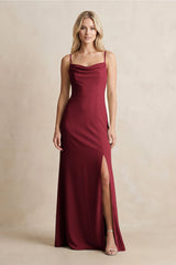 Spaghetti Straps Sheath Satin Bridesmaid Dress With Slit in Burgundy - KissProm Bridesmaid Dresses