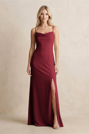 Spaghetti Straps Sheath Satin Bridesmaid Dress With Slit in Burgundy - KissProm Bridesmaid Dresses