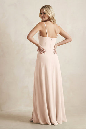 Spaghetti Straps Sheath Satin Bridesmaid Dress With Slit in Buttercream - KissProm Bridesmaid Dresses
