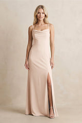 Spaghetti Straps Sheath Satin Bridesmaid Dress With Slit in Buttercream - KissProm Bridesmaid Dresses