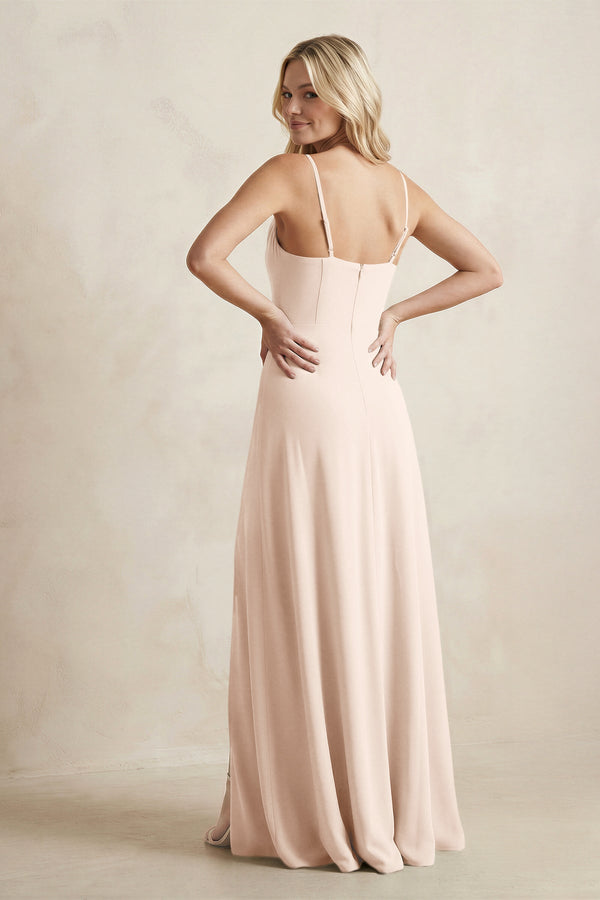 Spaghetti Straps Sheath Satin Bridesmaid Dress With Slit in Buttercream - KissProm Bridesmaid Dresses