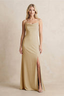 Spaghetti Straps Sheath Satin Bridesmaid Dress With Slit in Champagne - KissProm Bridesmaid Dresses
