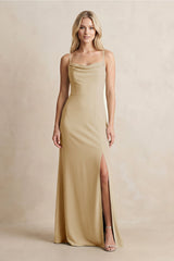 Spaghetti Straps Sheath Satin Bridesmaid Dress With Slit in Champagne - KissProm Bridesmaid Dresses